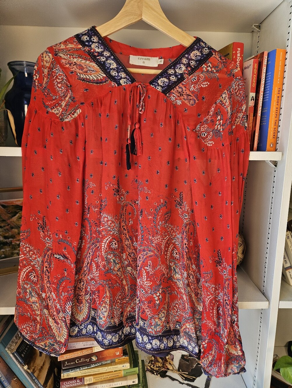 Cream Red Sheer Floral Tie Up Blouse Size Size 40 / Large Boho Granola Hippie